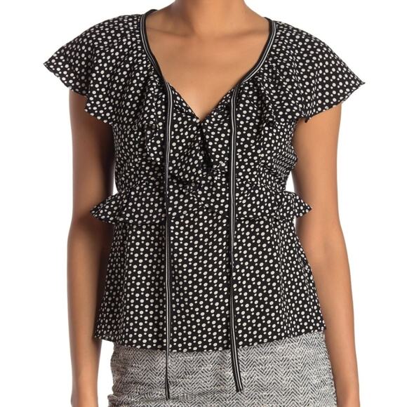$10 SALE!!!! NWT $78 Max Studio Medium Polka Dot Ruffle Trim Blouse - Picture 1 of 10